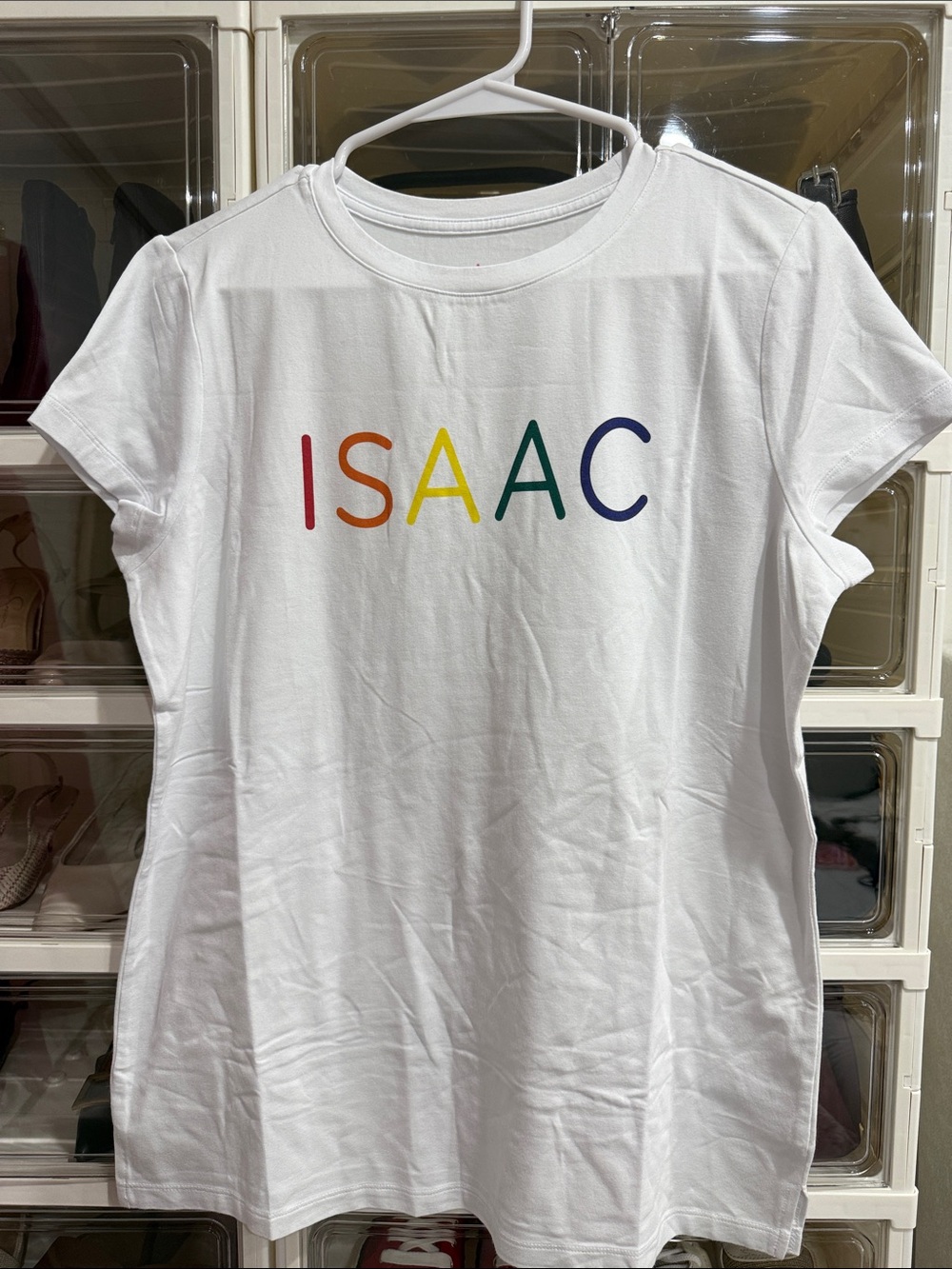 Isaac Mizrahi White Tee with Multicolor 'ISAAC' Logo